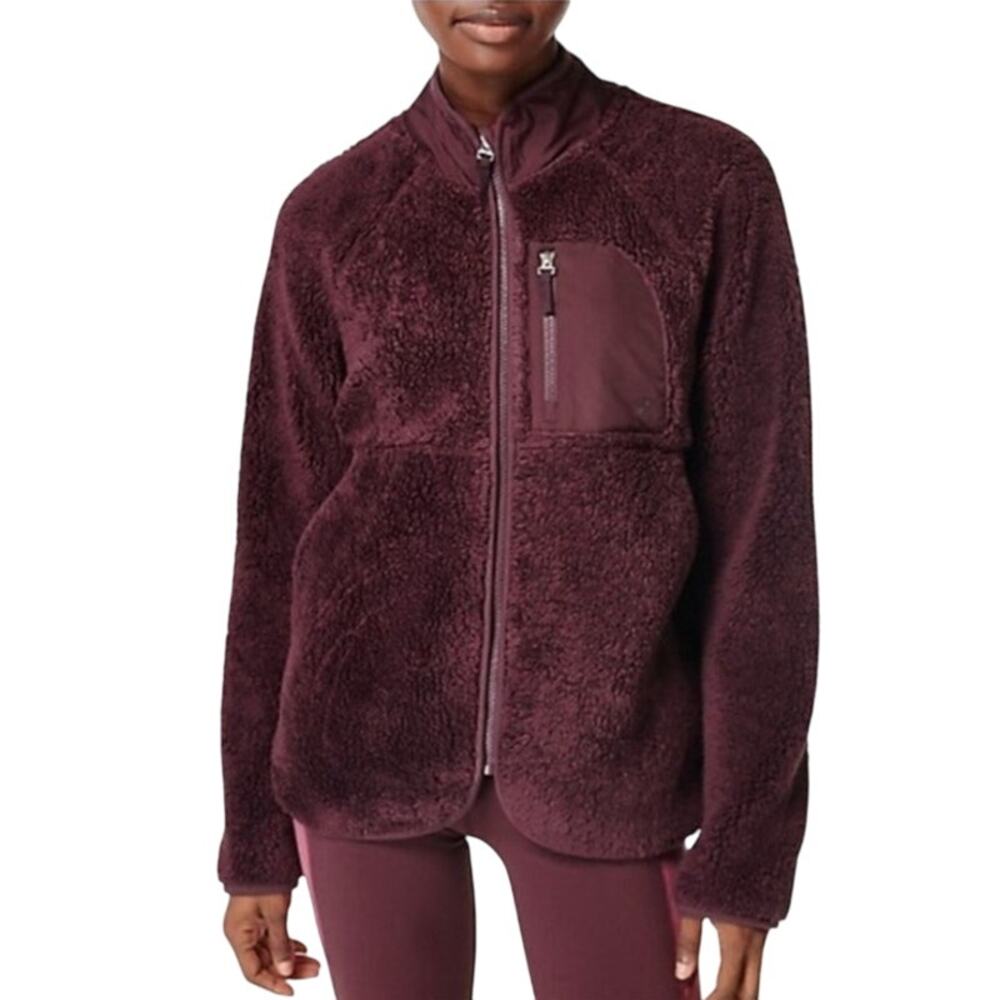 Sweaty Betty Pennine Fleece Jacket Full Zip Sherpa Teddy Maroon Red Womens 6